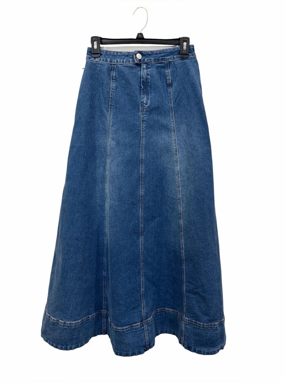1.STATE A-Line Denim Maxi Skirt Paneled Back Zip Medium Wash Blue 2 NEW - Picture 3 of 11
